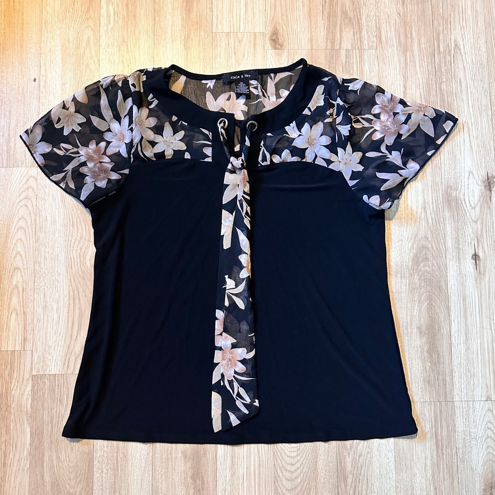 Adele & May Black Floral Sheer Sleeve Keyhole Tie Neck Top Plus Size XL